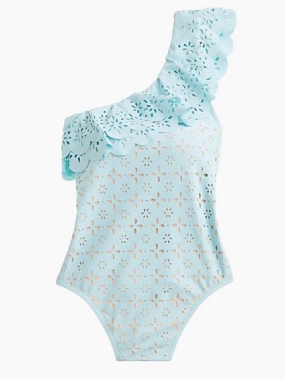 J. Crew laser women’s cut eyelet ruffle one shoulder swimsuit light blue size 6